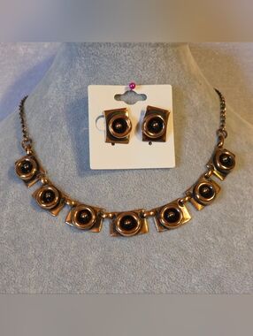 Vintage 50s Renoir Modernist Square Shadowbox Link Chocker Necklace and Earrings